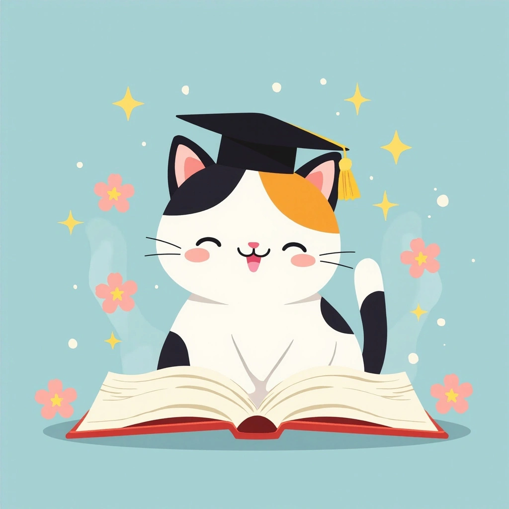 戴學士帽的三色貓抱著開書 — Love Reading 封面